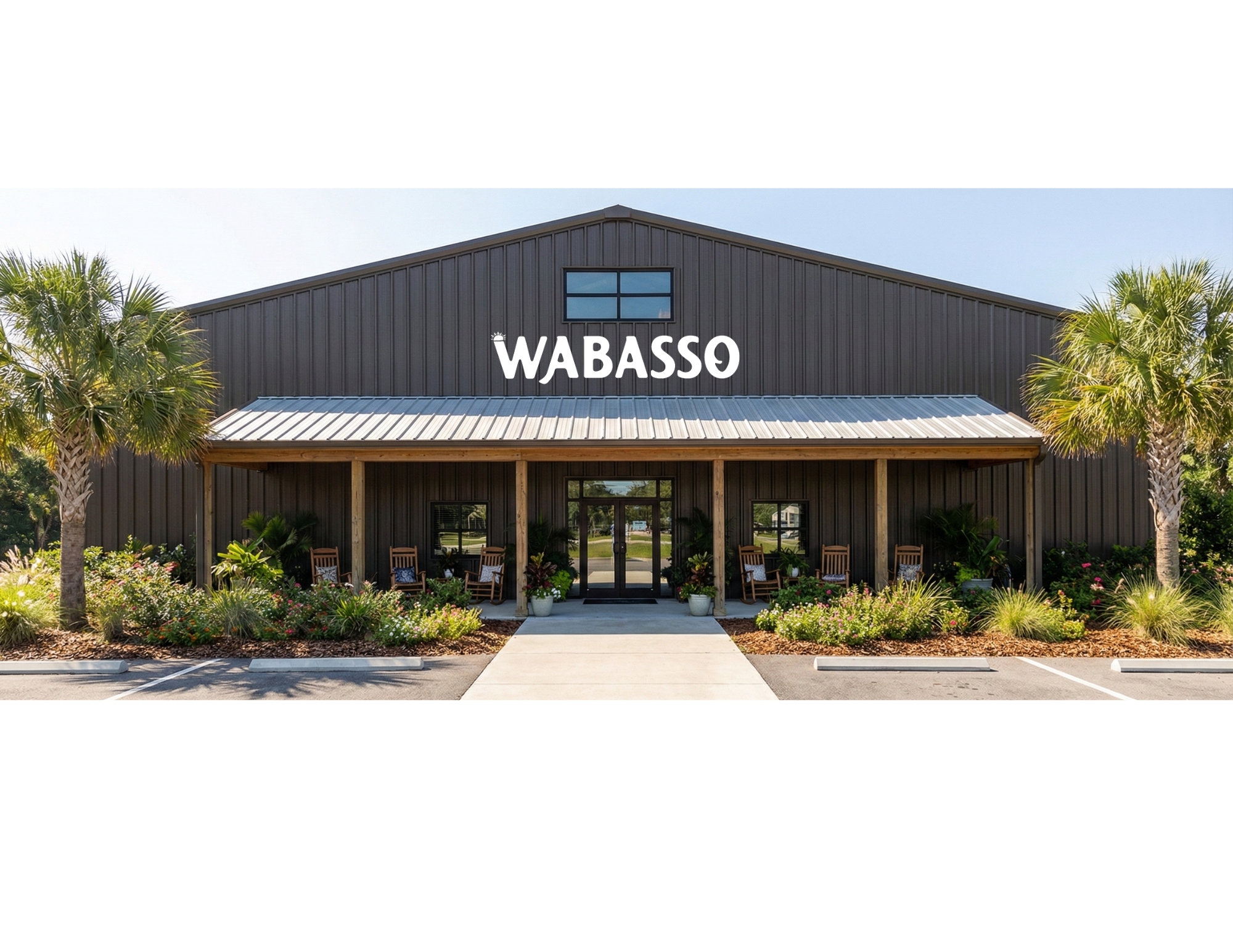Front elevation of the Wabasso Ranch facility with porch and rocking chairs