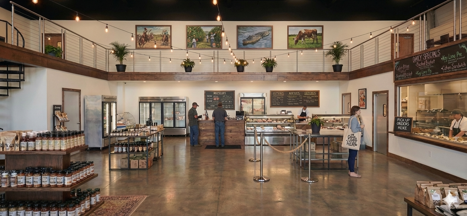 Interior of the Wabasso retail butcher shop, meat case, and caf&eacute;